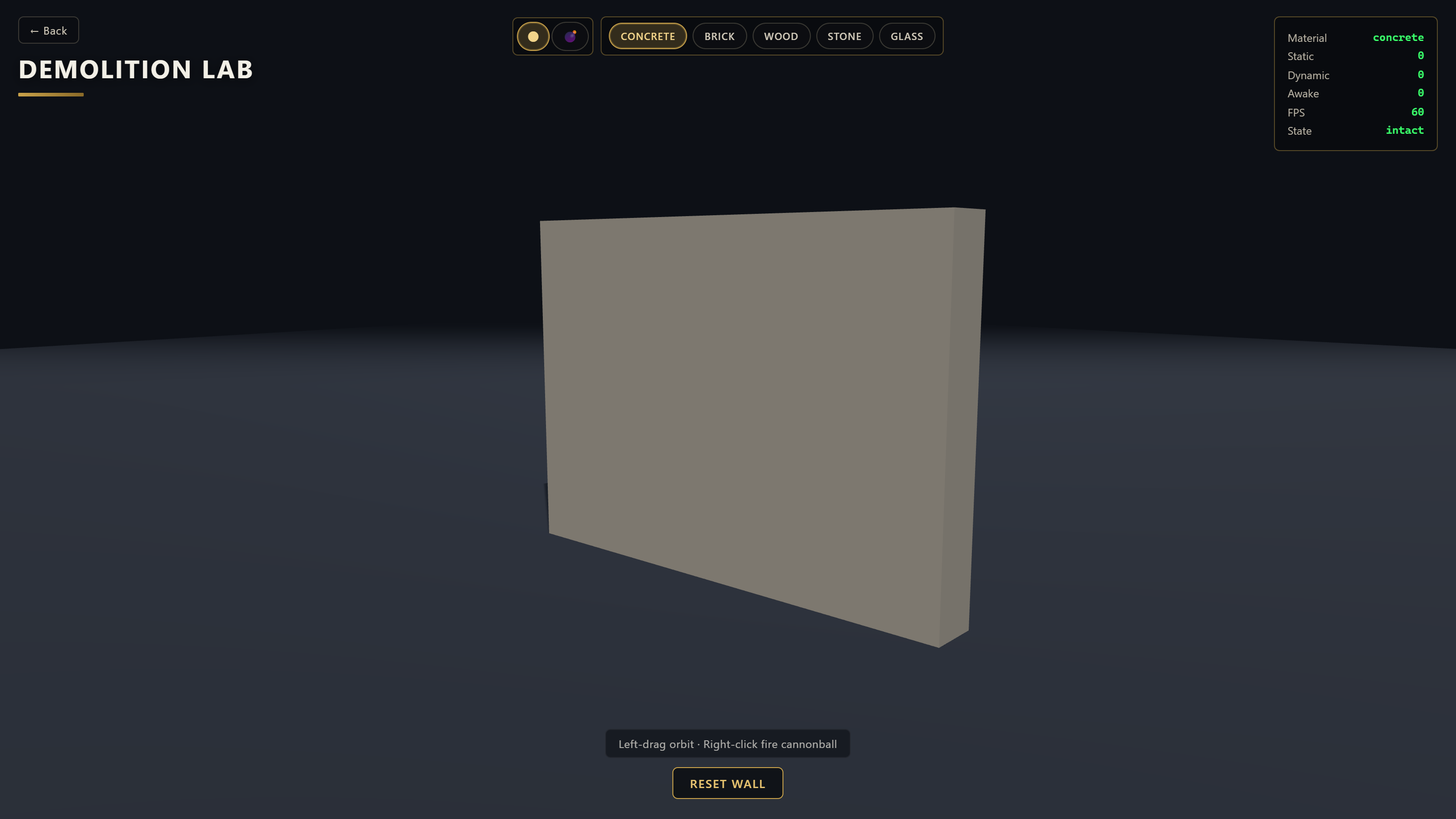Demolition Lab UI with material tabs Concrete, Brick, Wood, Stone, Glass above an intact wall.