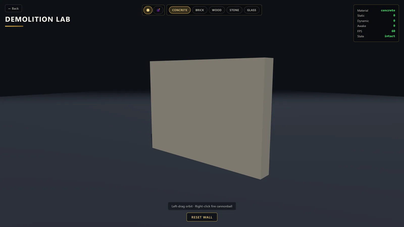 Demolition Lab UI with material tabs Concrete, Brick, Wood, Stone, Glass above an intact wall.
