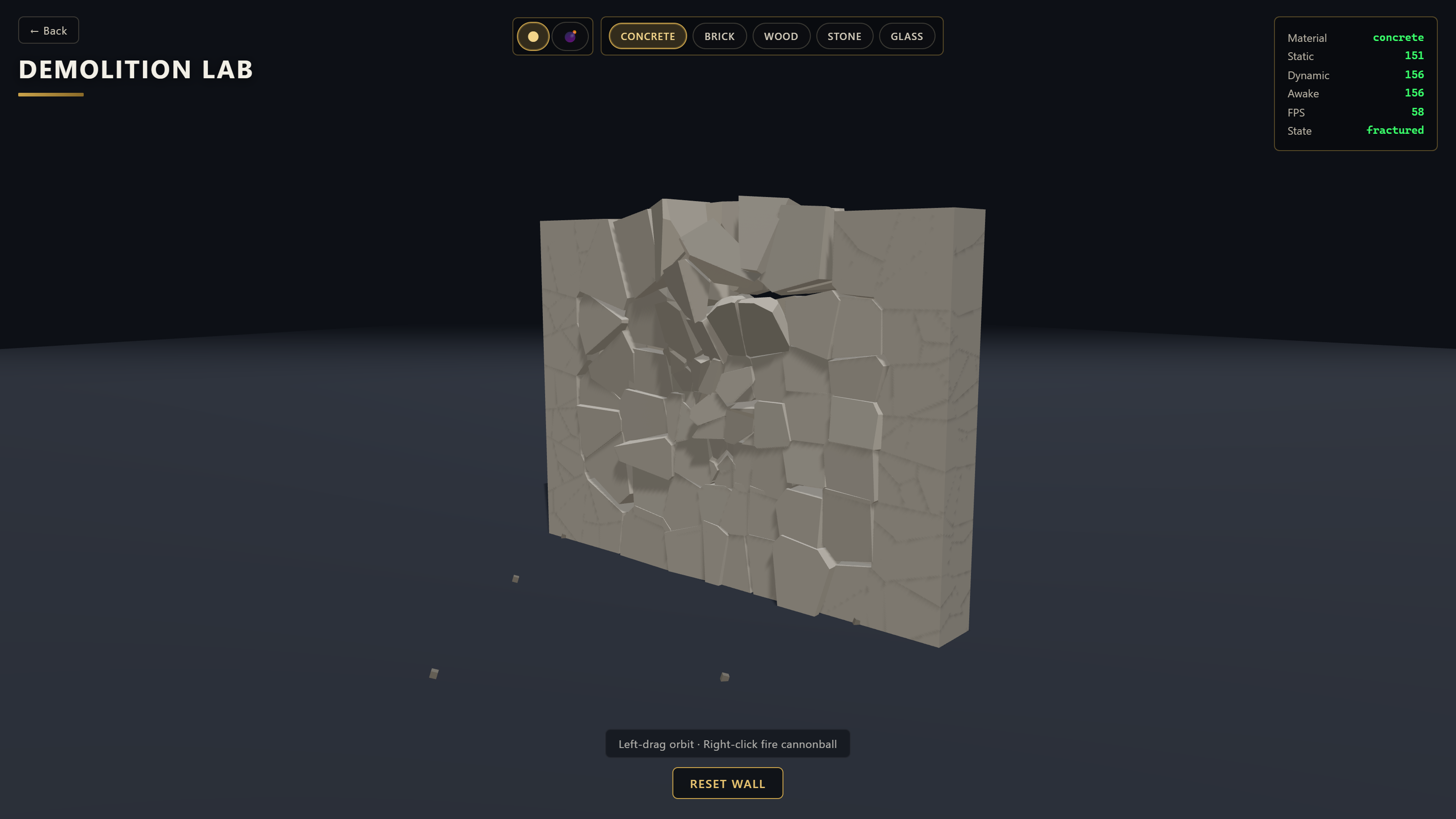 Mid-blast frame: a bomb detonation carves a concrete wall, chunks peeling out, live stats HUD visible.