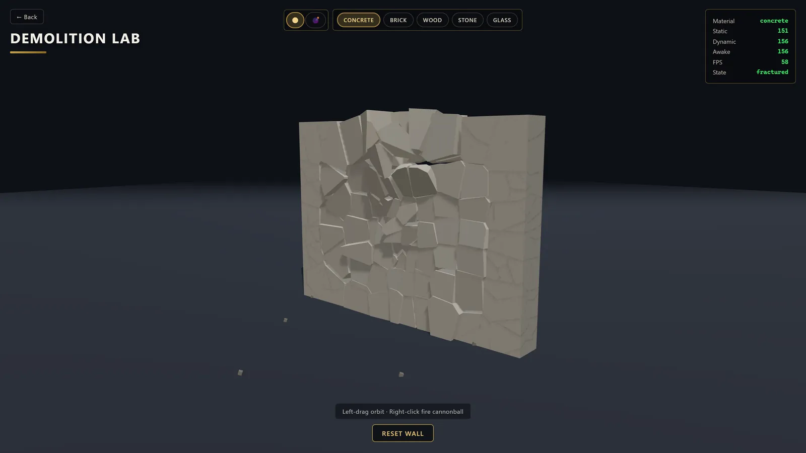 Mid-blast frame: a bomb detonation carves a concrete wall, chunks peeling out, live stats HUD visible.