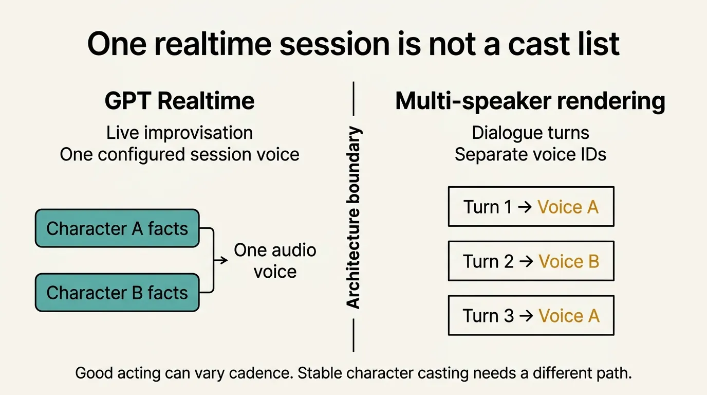Diagram contrasting GPT Realtime one-session one-voice live performance with a multi-speaker rendering workflow using separate voice IDs