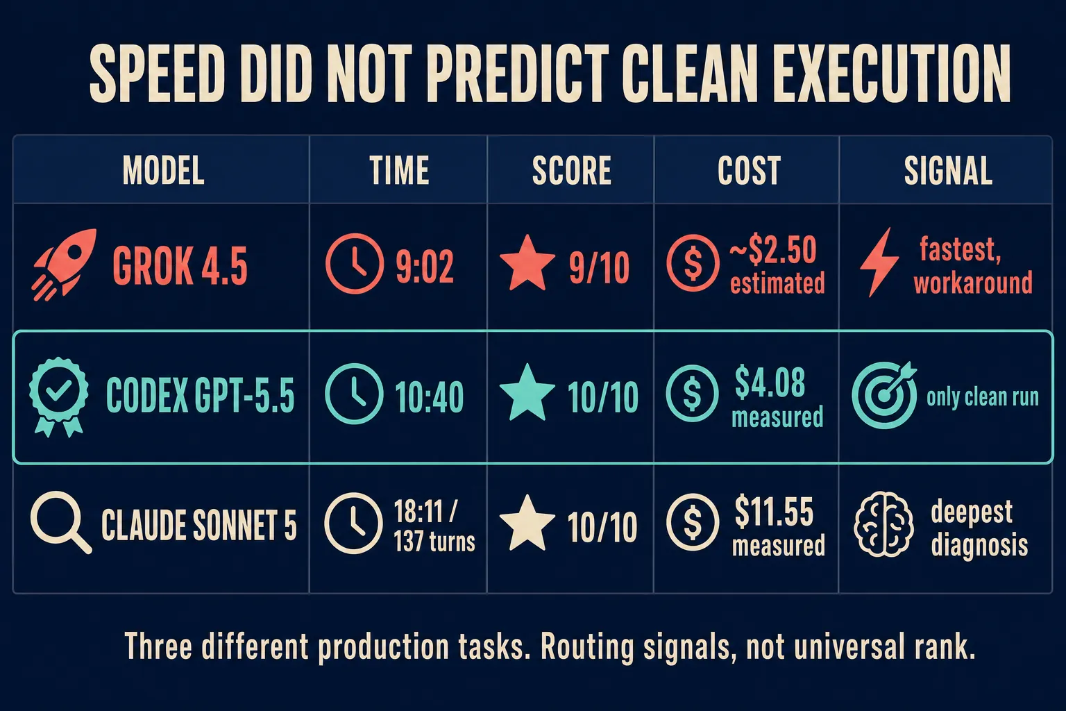Fact-checked evidence summary table showing Grok at 9 minutes and 9 out of 10, Codex at 10 minutes 40 seconds and 10 out of 10, and Claude at 18 minutes 11 seconds and 10 out of 10