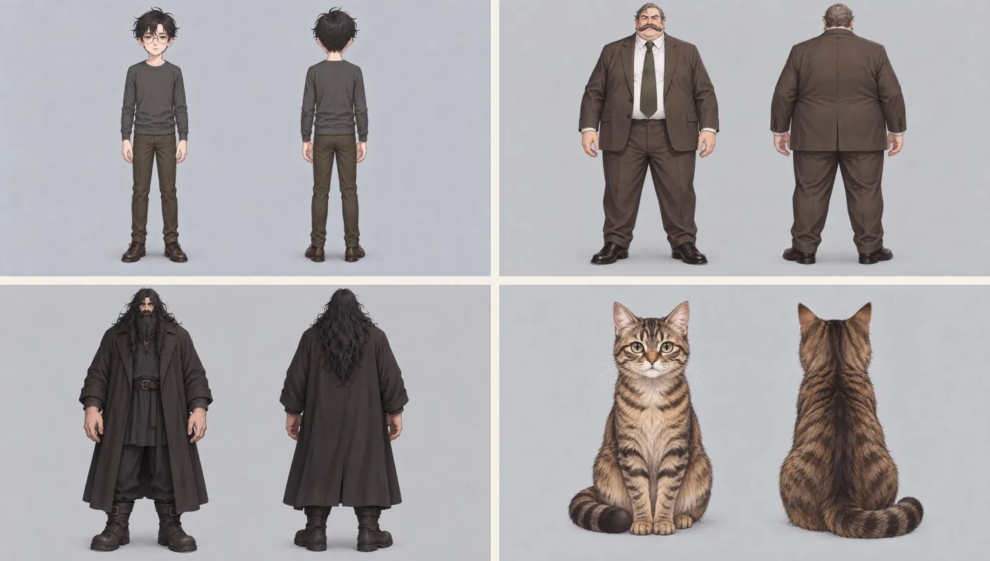 Turnaround sheets for young Harry, Vernon, Hagrid and the tabby cat