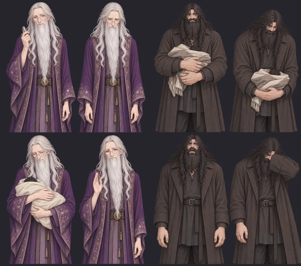 Two-by-two pose sheets for Dumbledore and Hagrid