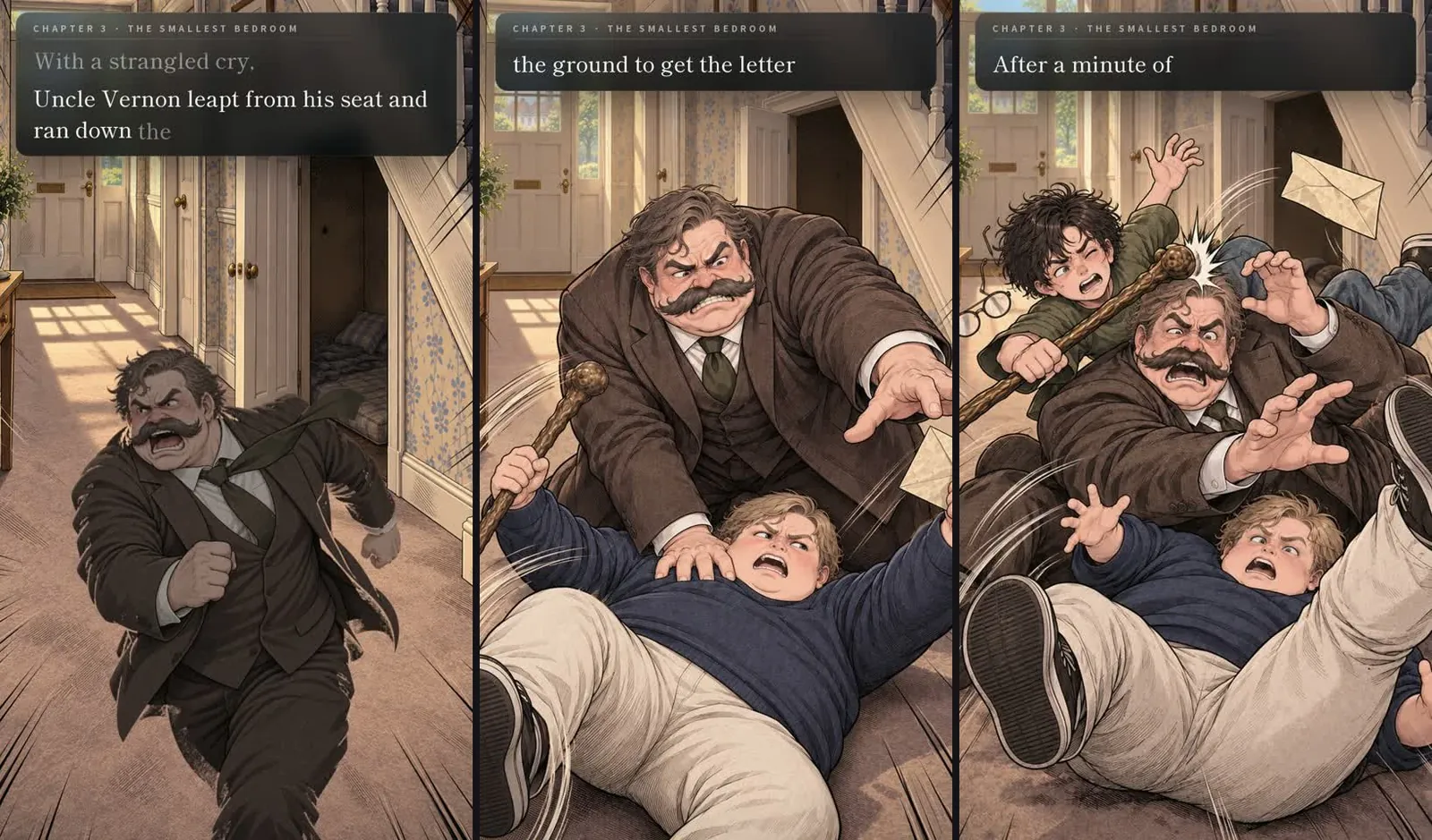 Three ink frames of the hall fight