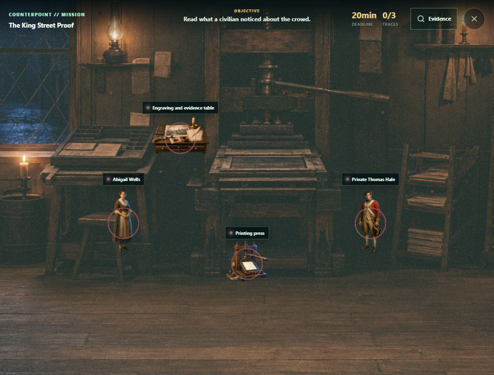 The King Street Proof point-and-click mission inside an eighteenth-century print shop.